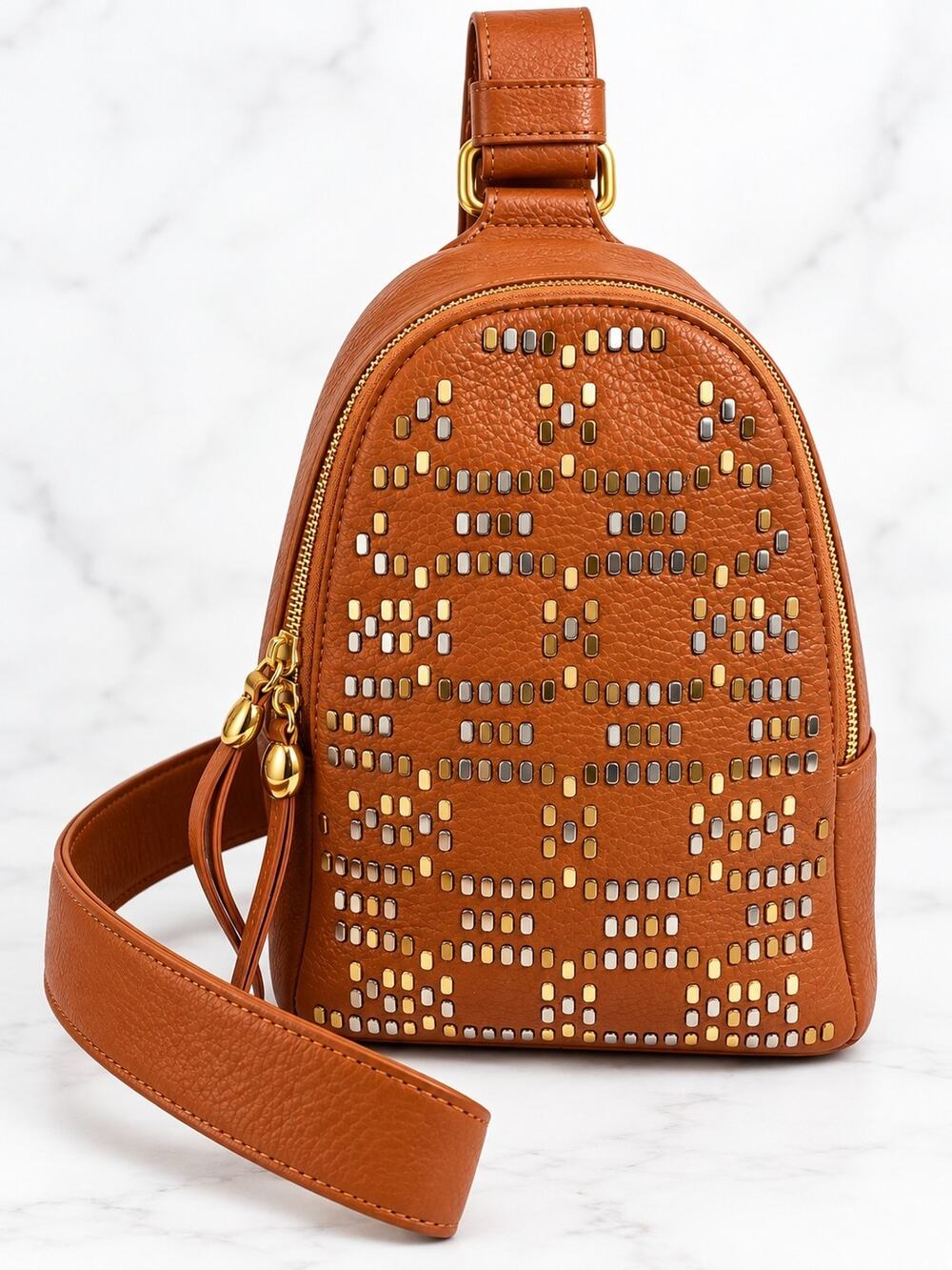 Fern Hobo Sling Bag Pebbled Leather Gold Studded Warm Honey Brown Small